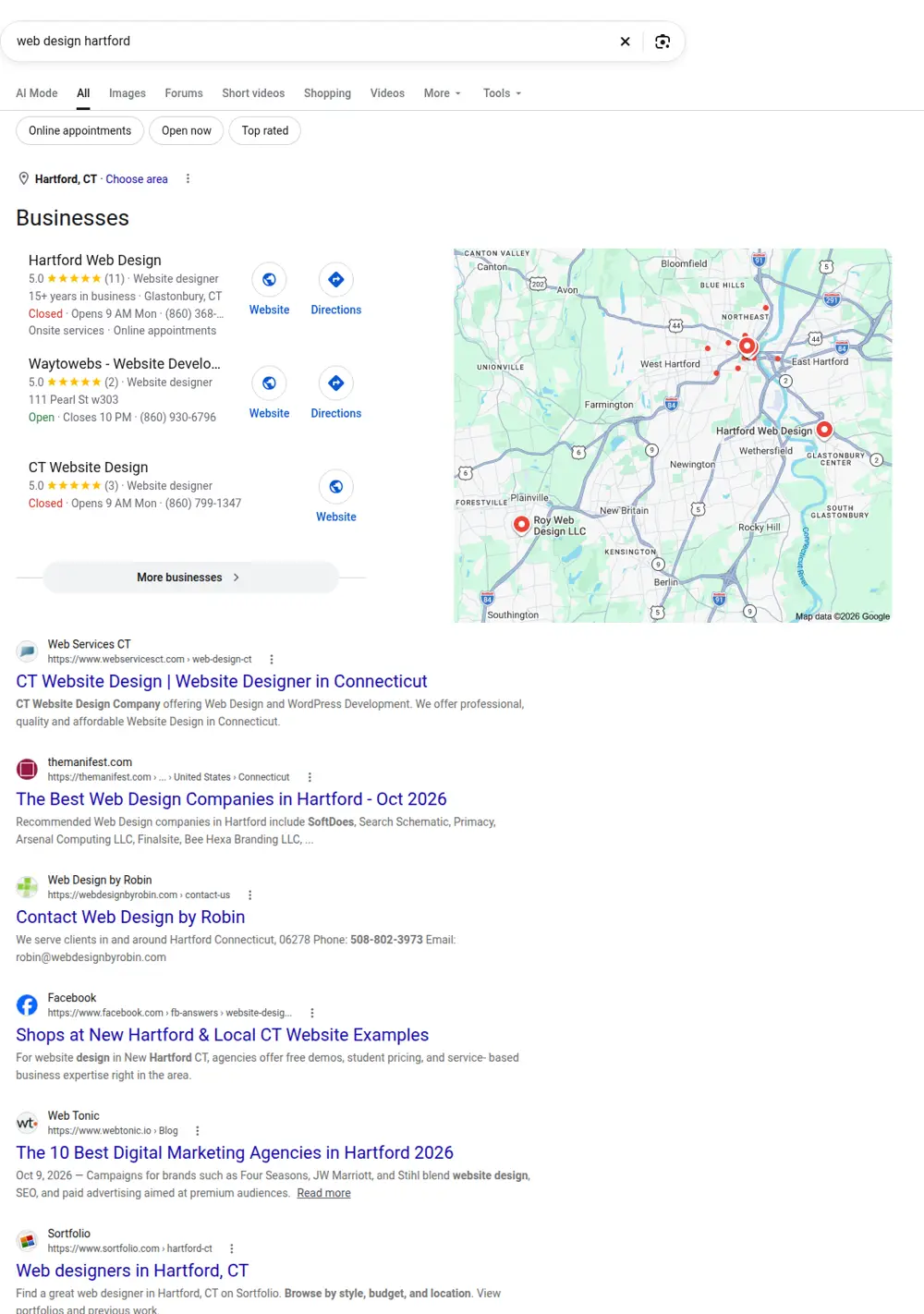 Top Google results for web design hartford, searched from Hartford, Connecticut