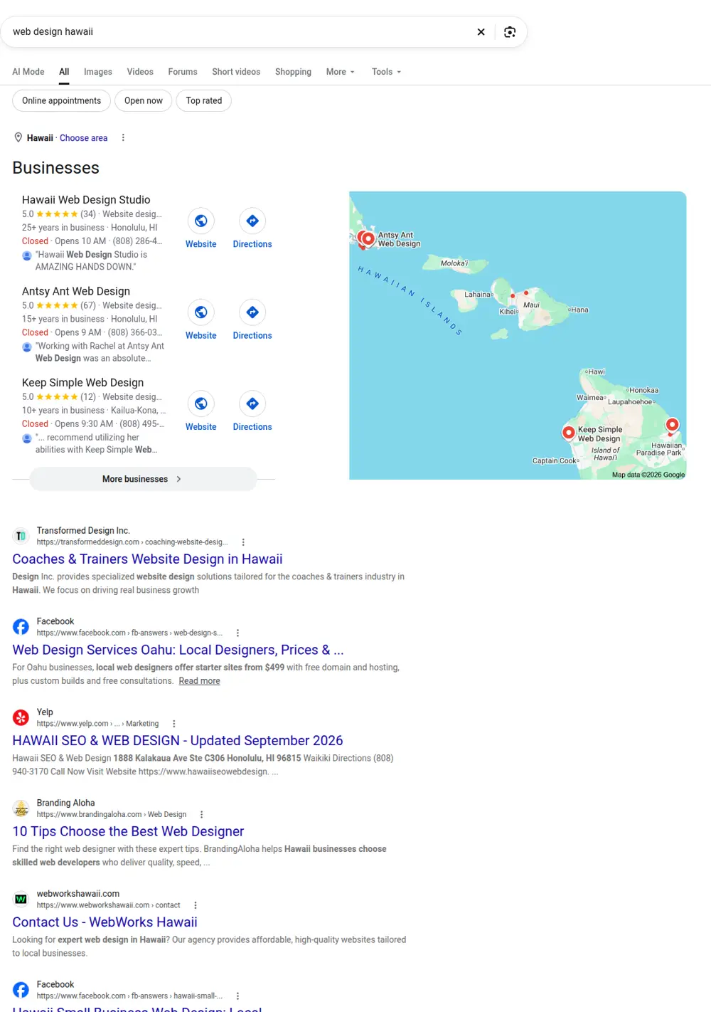 Top Google results for web design hawaii, searched from Hawaii