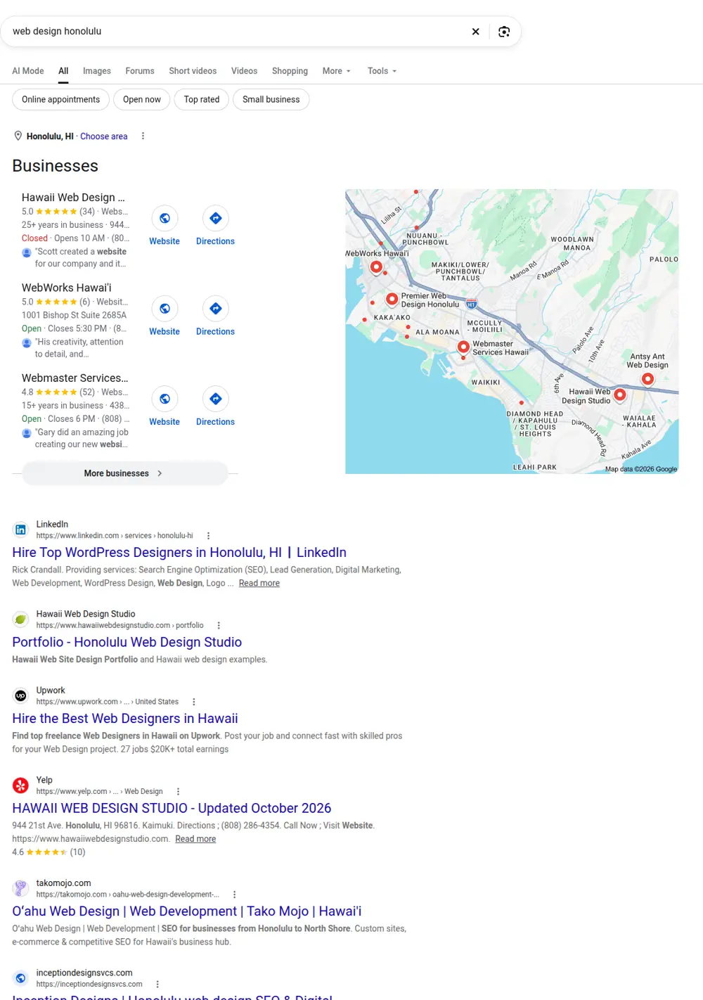 Top Google results for web design honolulu, searched from Honolulu, Hawaii