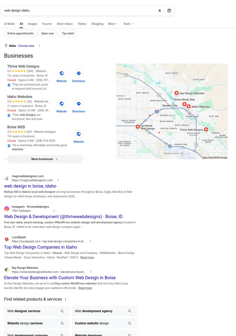 Top Google results for web design idaho, searched from Idaho