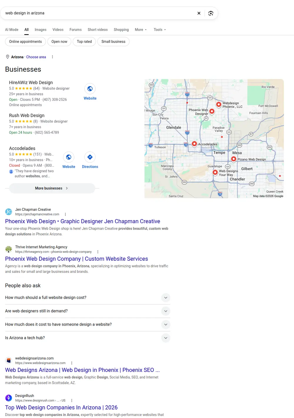 Top Google results for web design in arizona, searched from Arizona
