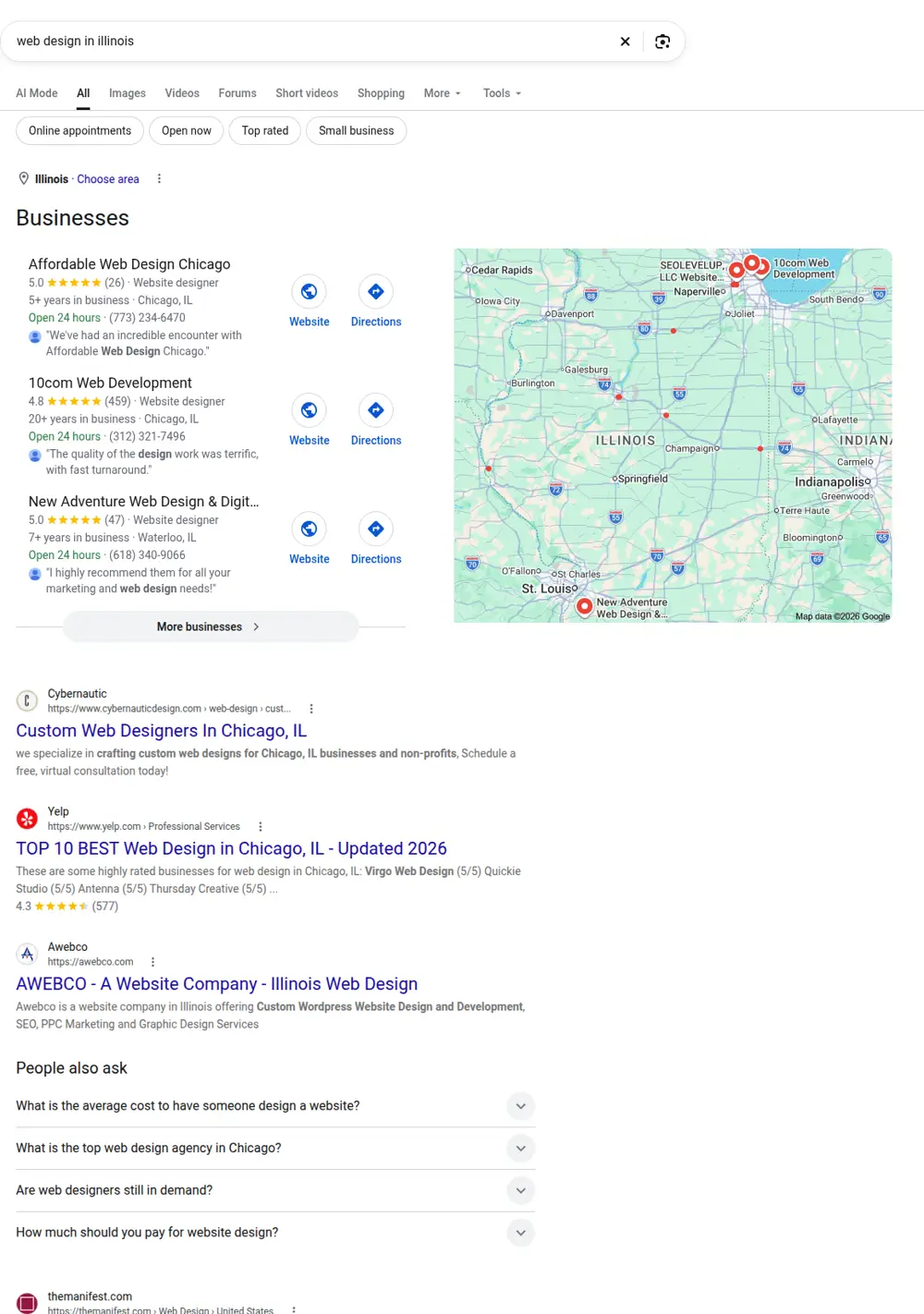 Top Google results for web design in illinois, searched from Illinois