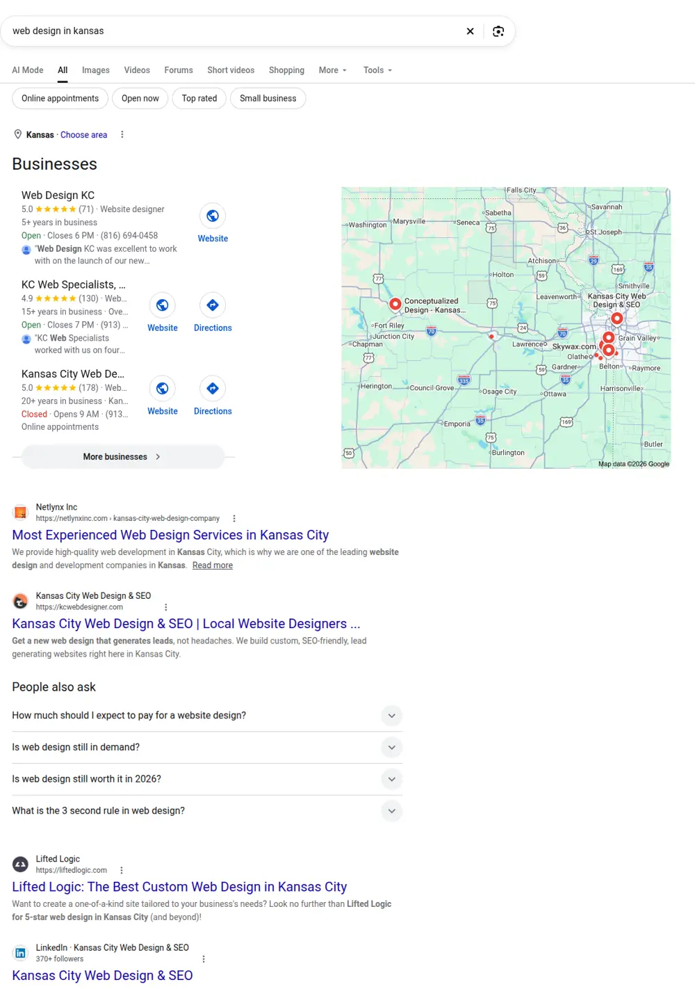 Top Google results for web design in kansas, searched from Kansas