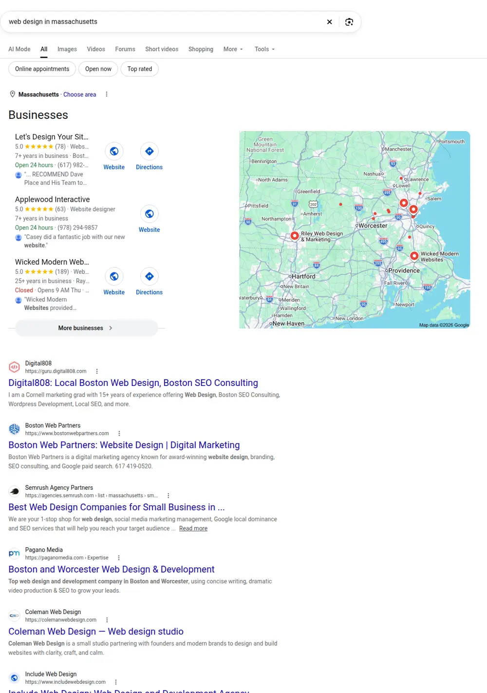 Top Google results for web design in massachusetts, searched from Massachusetts