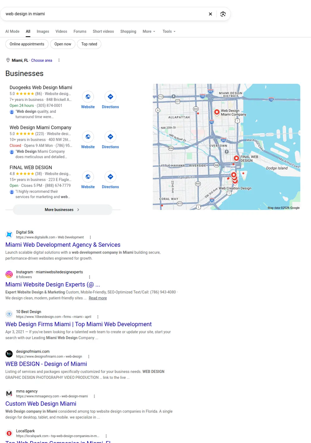 Top Google results for web design in miami, searched from Miami, Florida
