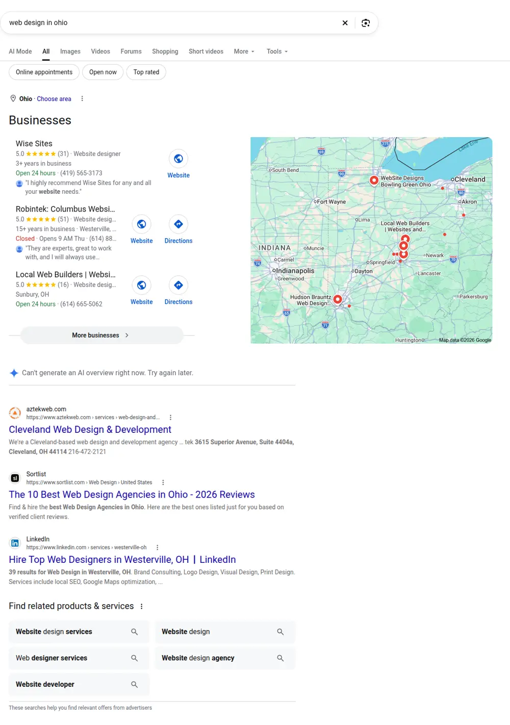 Top Google results for web design in ohio, searched from Ohio