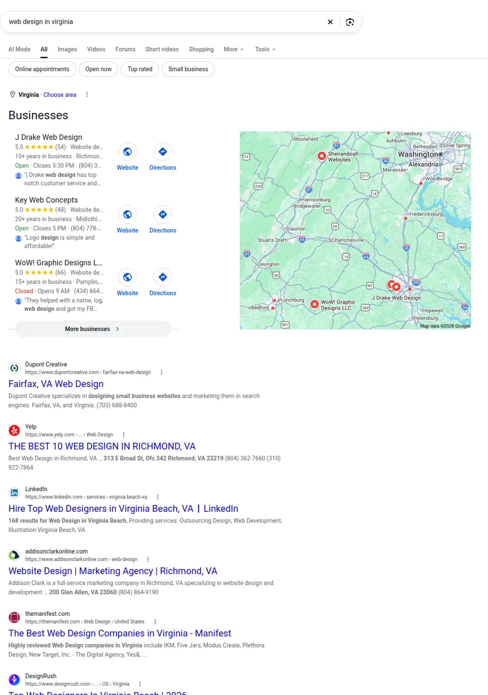 Top Google results for web design in virginia, searched from Virginia