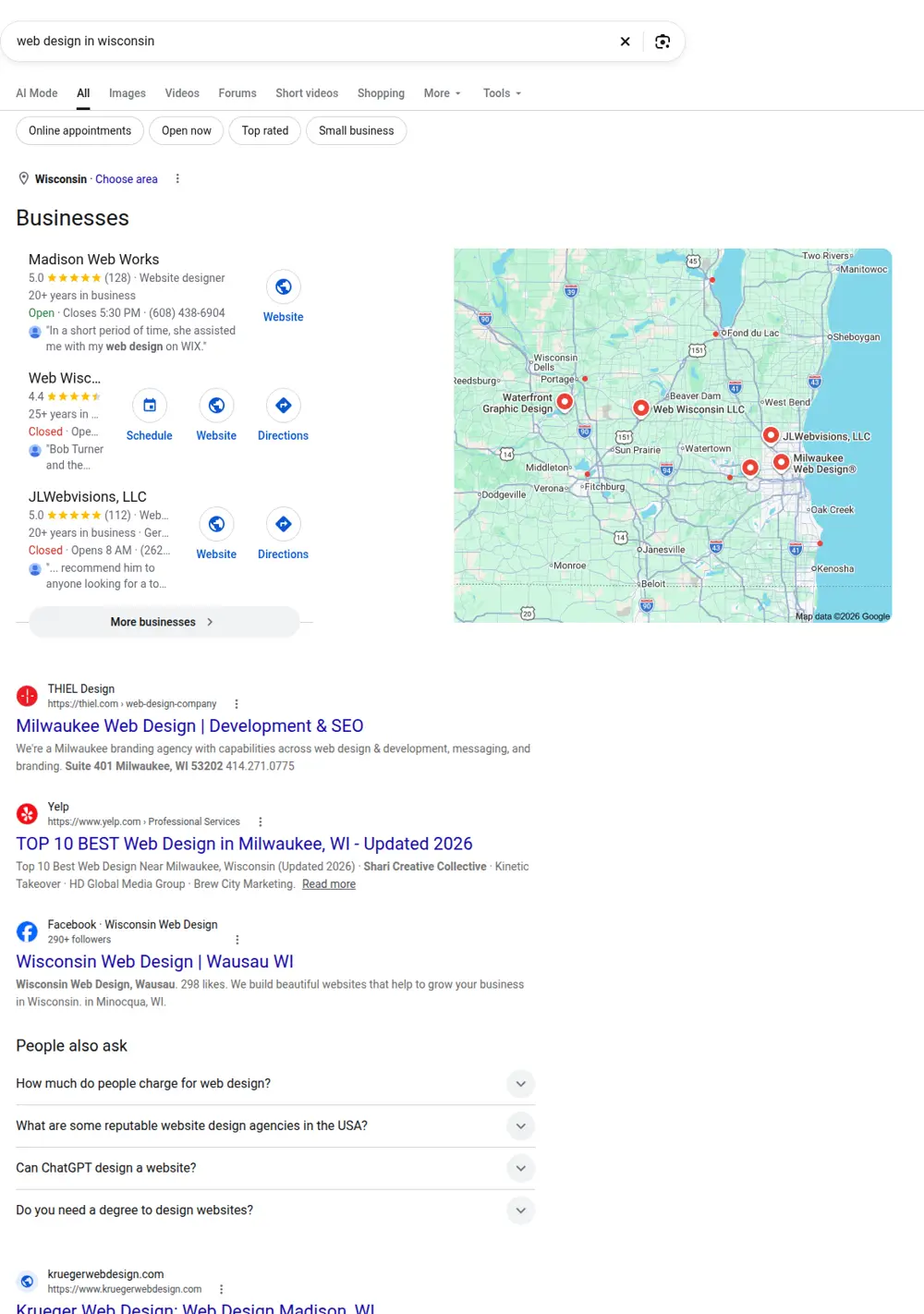 Top Google results for web design in wisconsin, searched from Wisconsin