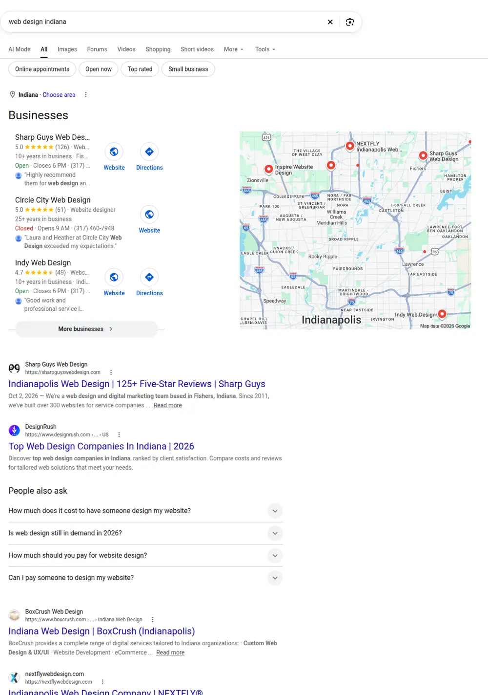 Top Google results for web design indiana, searched from Indiana