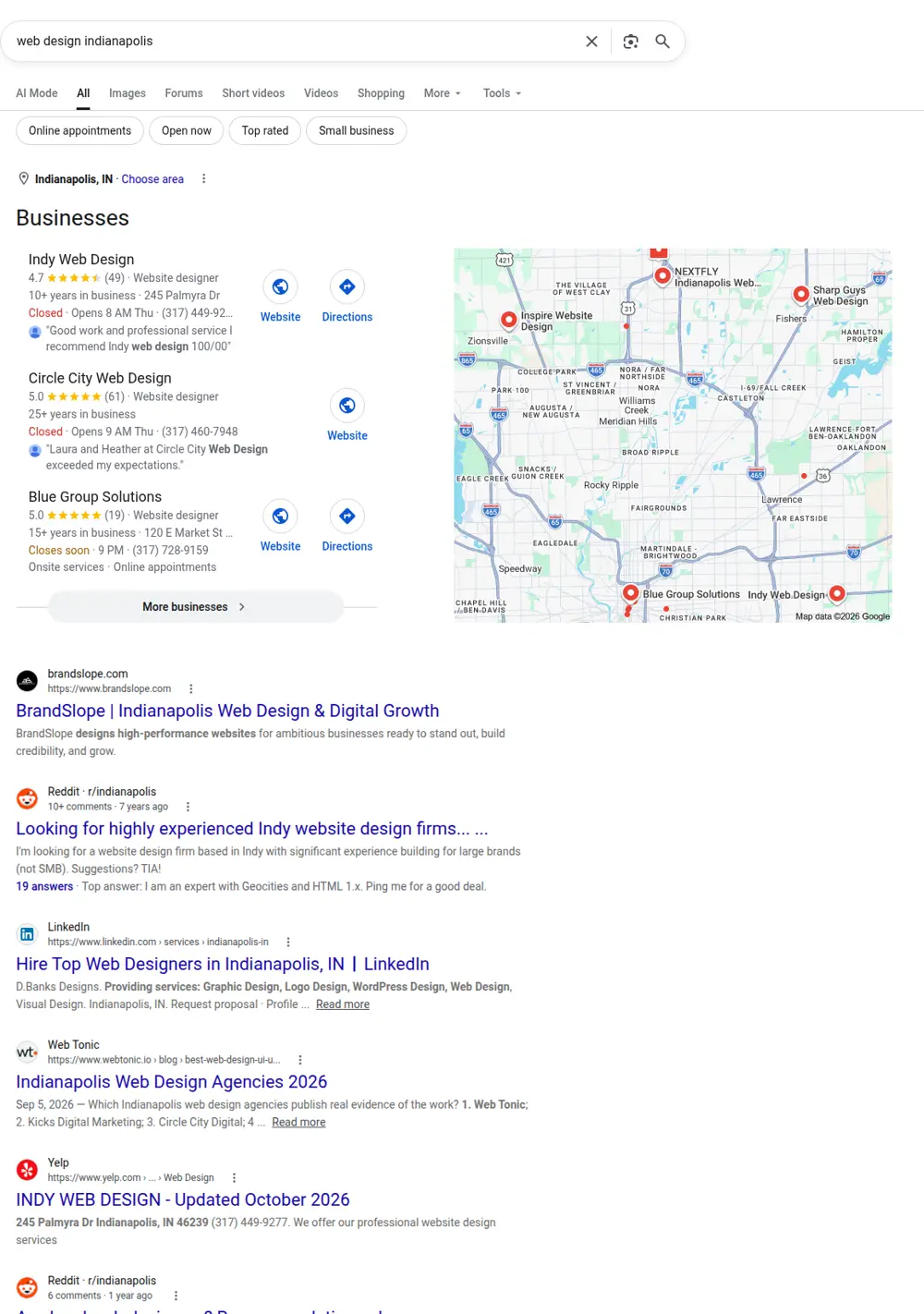 Top Google results for web design indianapolis, searched from Indianapolis, Indiana