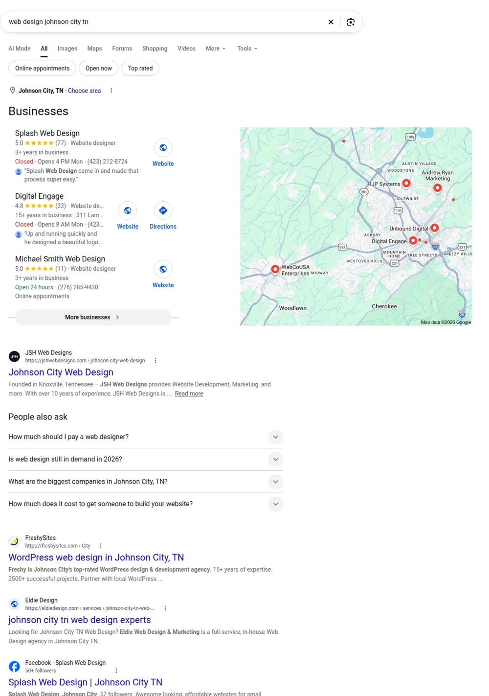 Top Google results for web design johnson city tn, searched from Johnson City, Tennessee