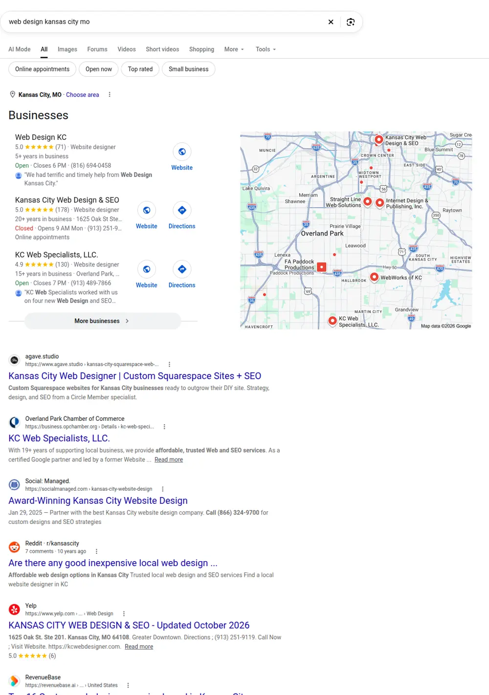 Top Google results for web design kansas city mo, searched from Kansas City, Missouri