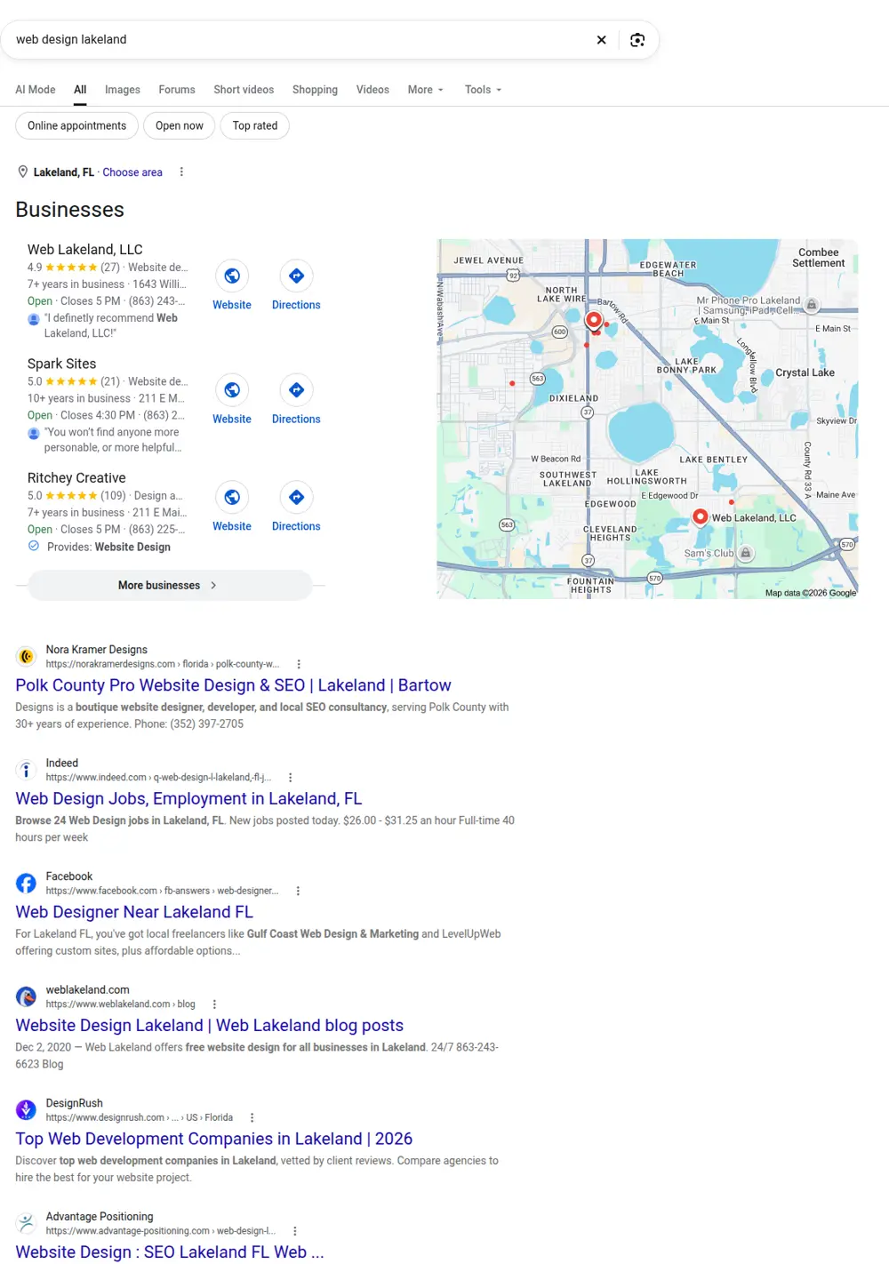 Top Google results for web design lakeland, searched from Lakeland, Florida