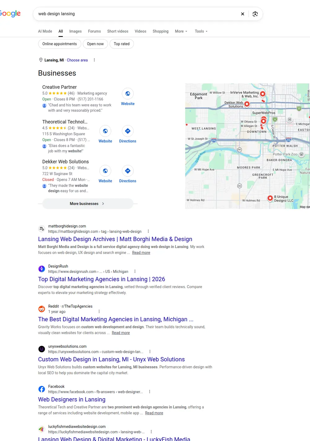 Top Google results for web design lansing, searched from Lansing, Michigan