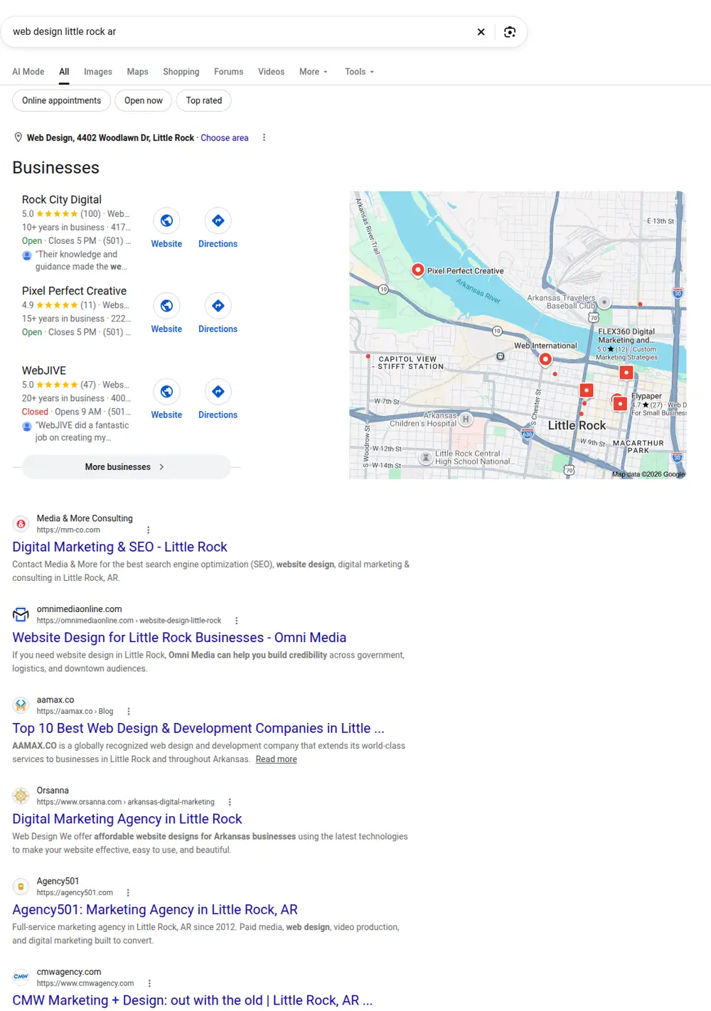 Top Google results for web design little rock ar, searched from Little Rock, Arkansas