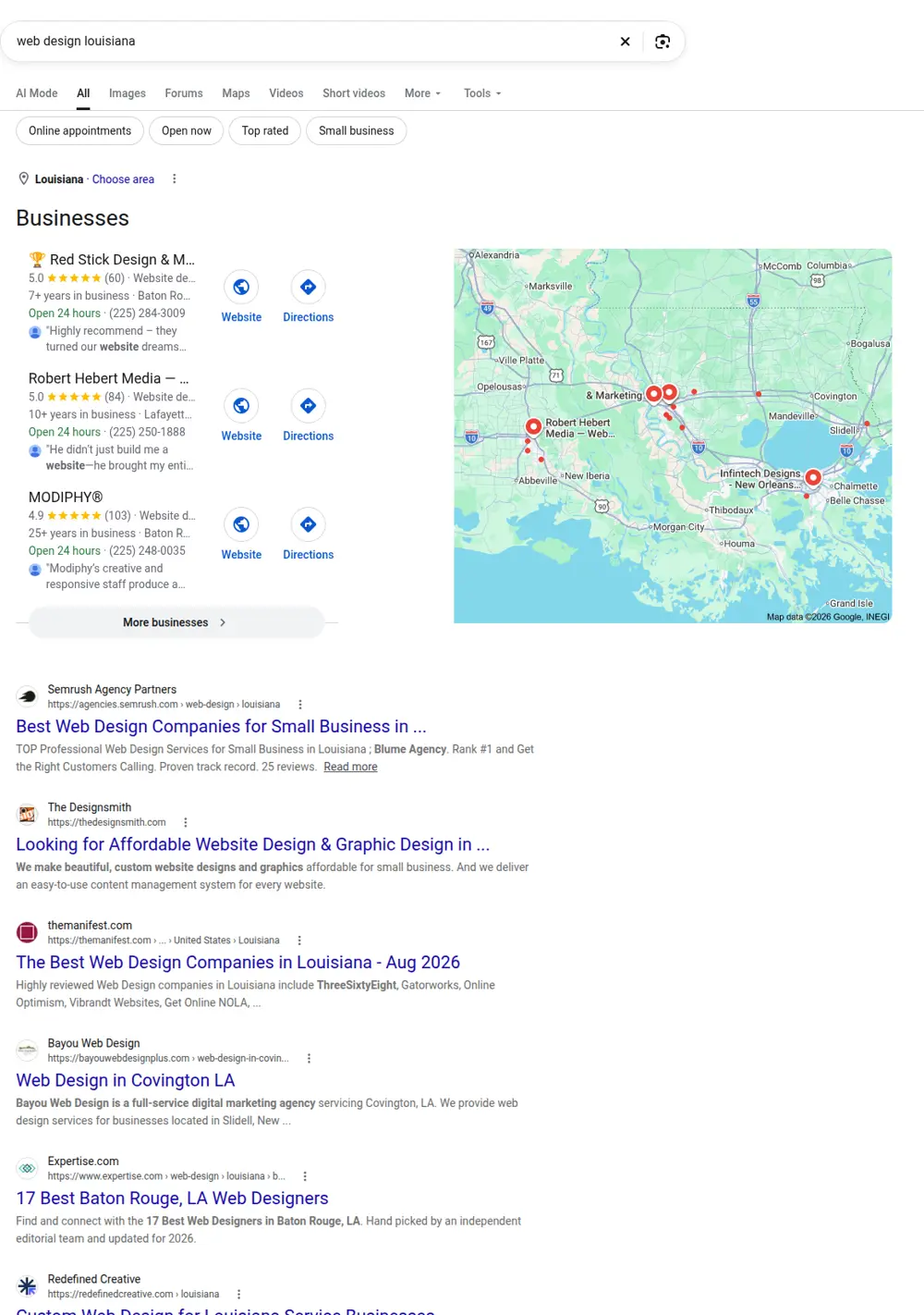 Top Google results for web design louisiana, searched from Louisiana