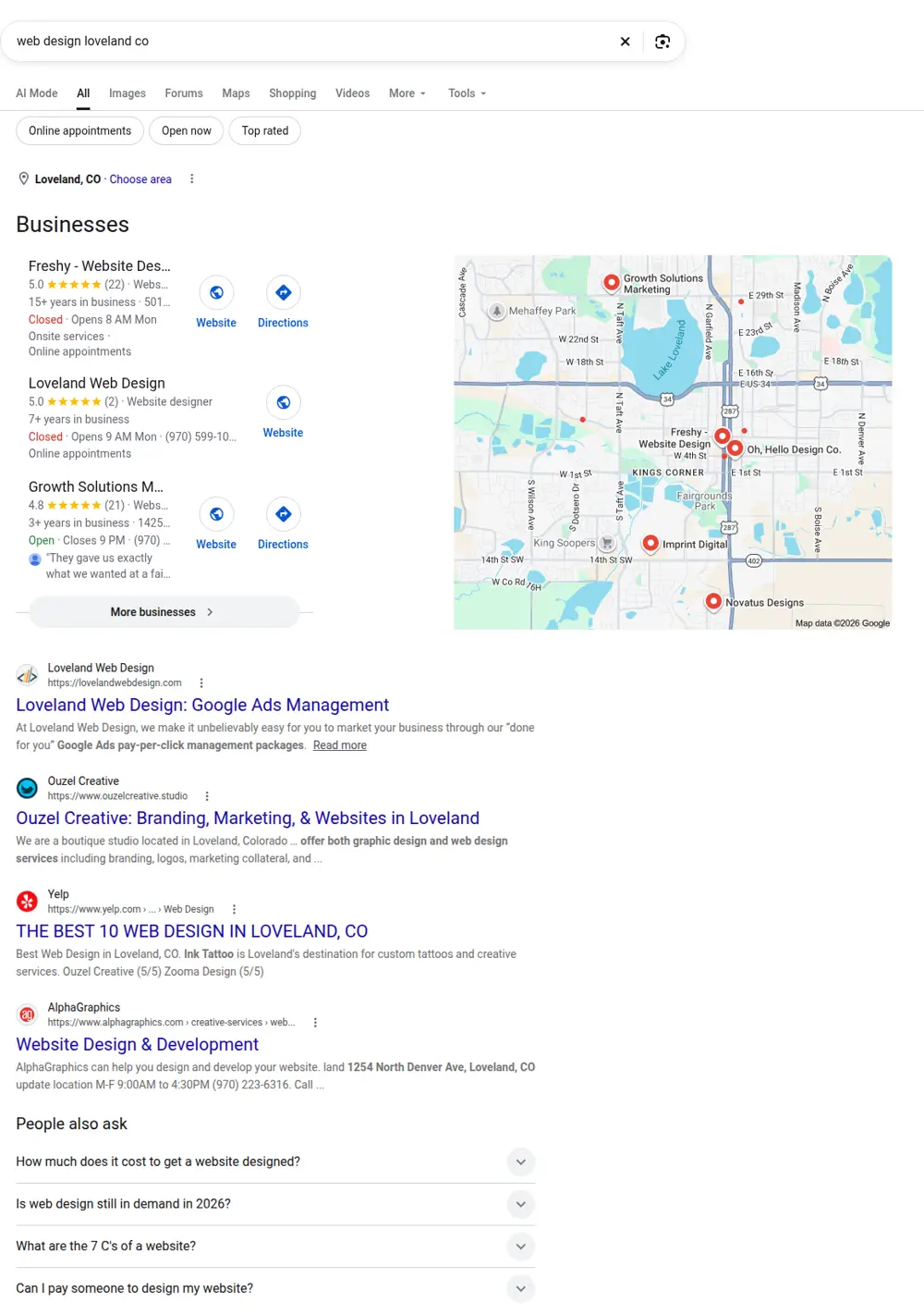 Top Google results for web design loveland co, searched from Loveland, Colorado