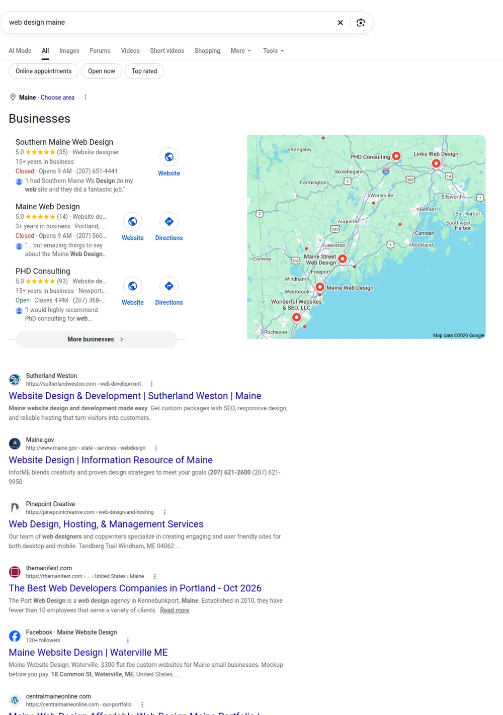 Top Google results for web design maine, searched from Maine