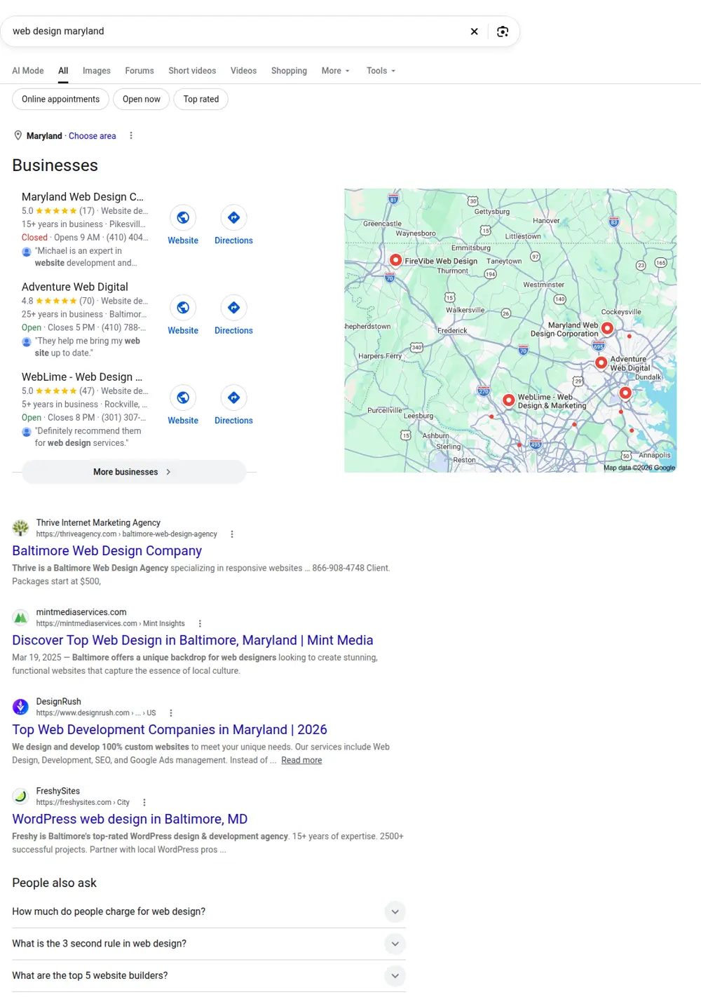 Top Google results for web design maryland, searched from Maryland
