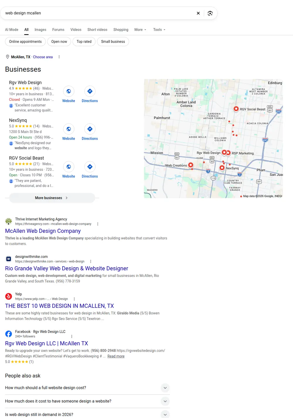 Top Google results for web design mcallen, searched from McAllen, Texas