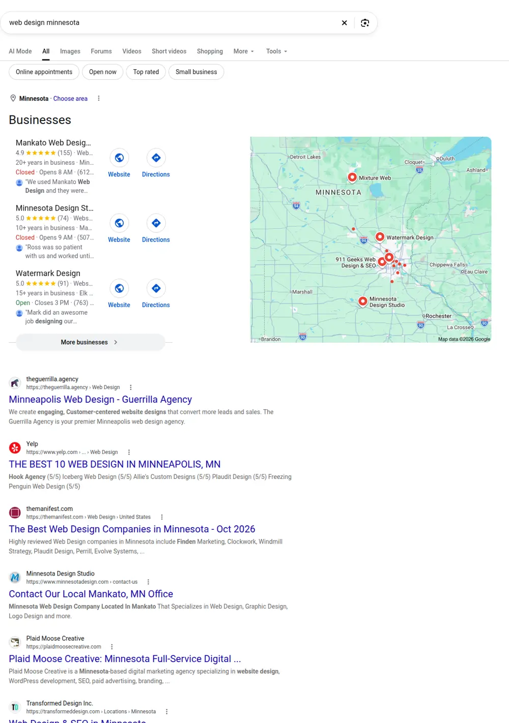 Top Google results for web design minnesota, searched from Minnesota