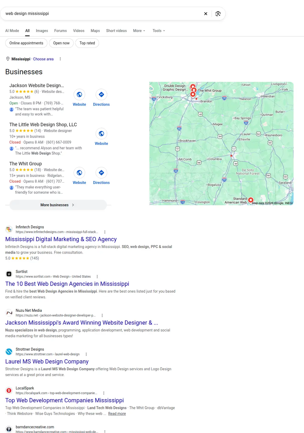 Top Google results for web design mississippi, searched from Mississippi