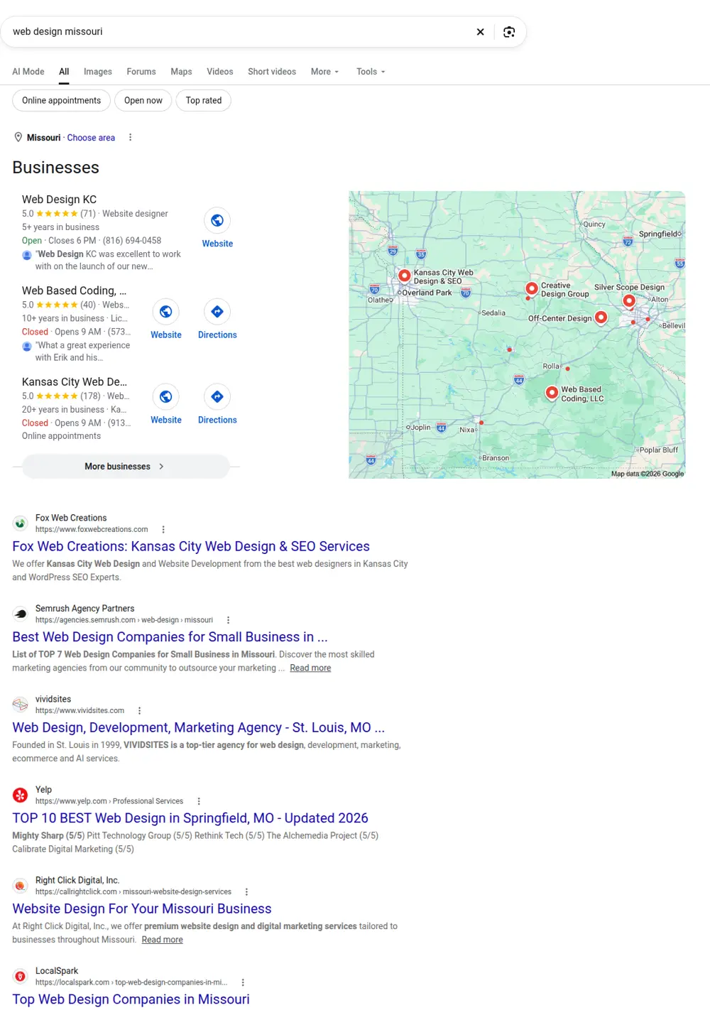 Top Google results for web design missouri, searched from Missouri