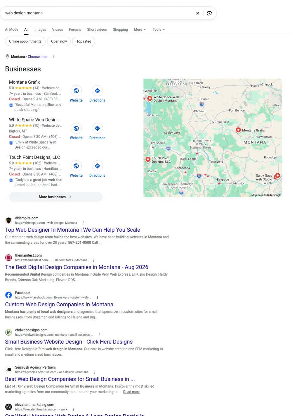 Top Google results for web design montana, searched from Montana
