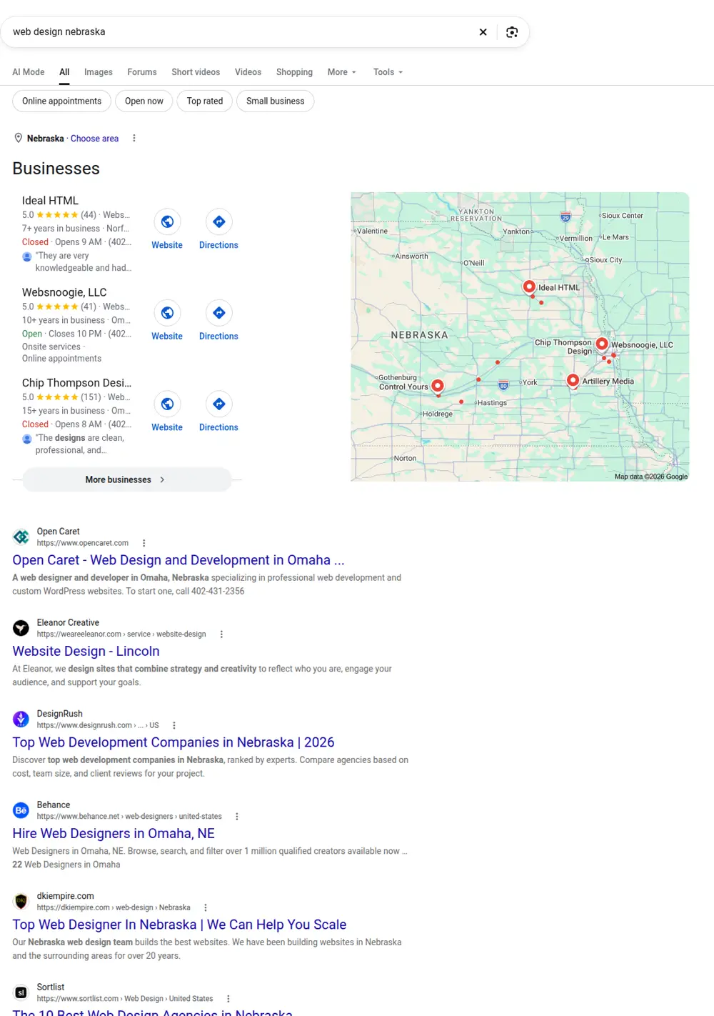 Top Google results for web design nebraska, searched from Nebraska