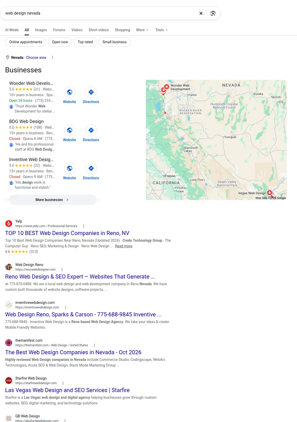 Top Google results for web design nevada, searched from Nevada