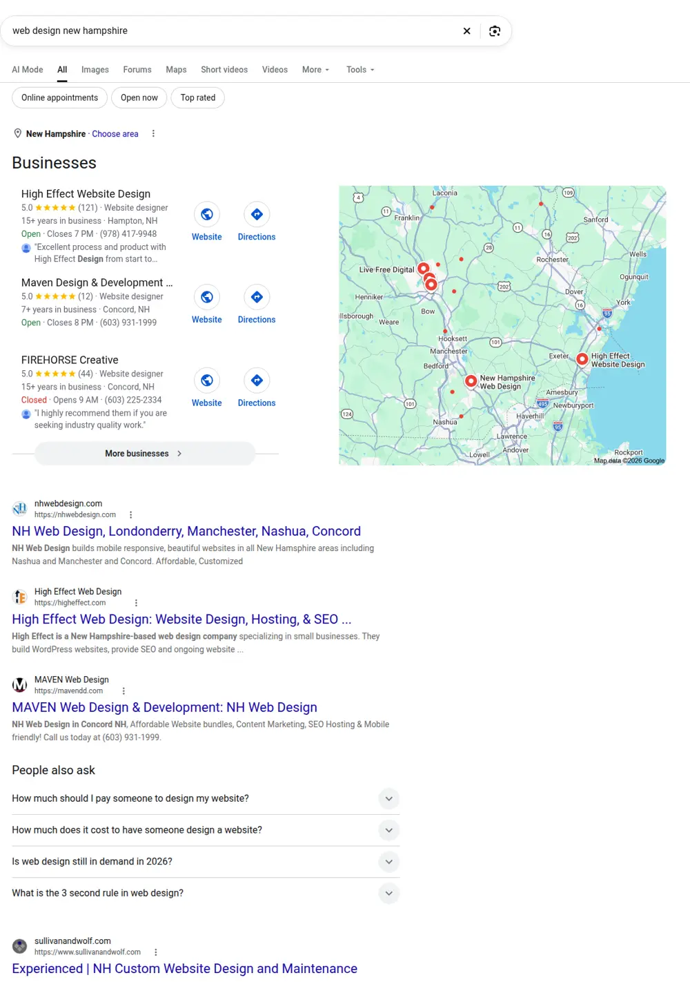 Top Google results for web design new hampshire, searched from New Hampshire
