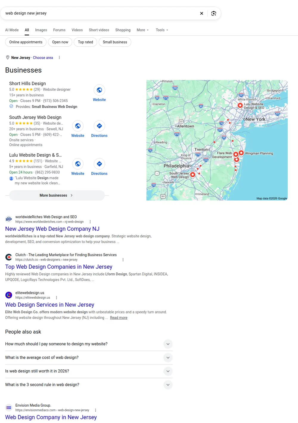 Top Google results for web design new jersey, searched from New Jersey
