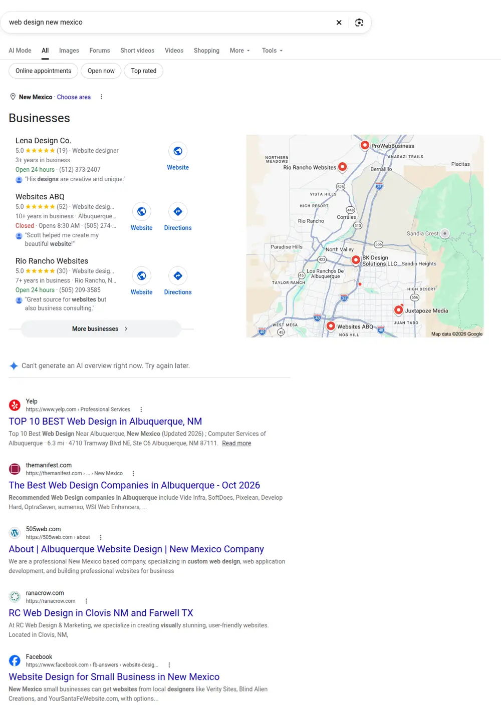 Top Google results for web design new mexico, searched from New Mexico