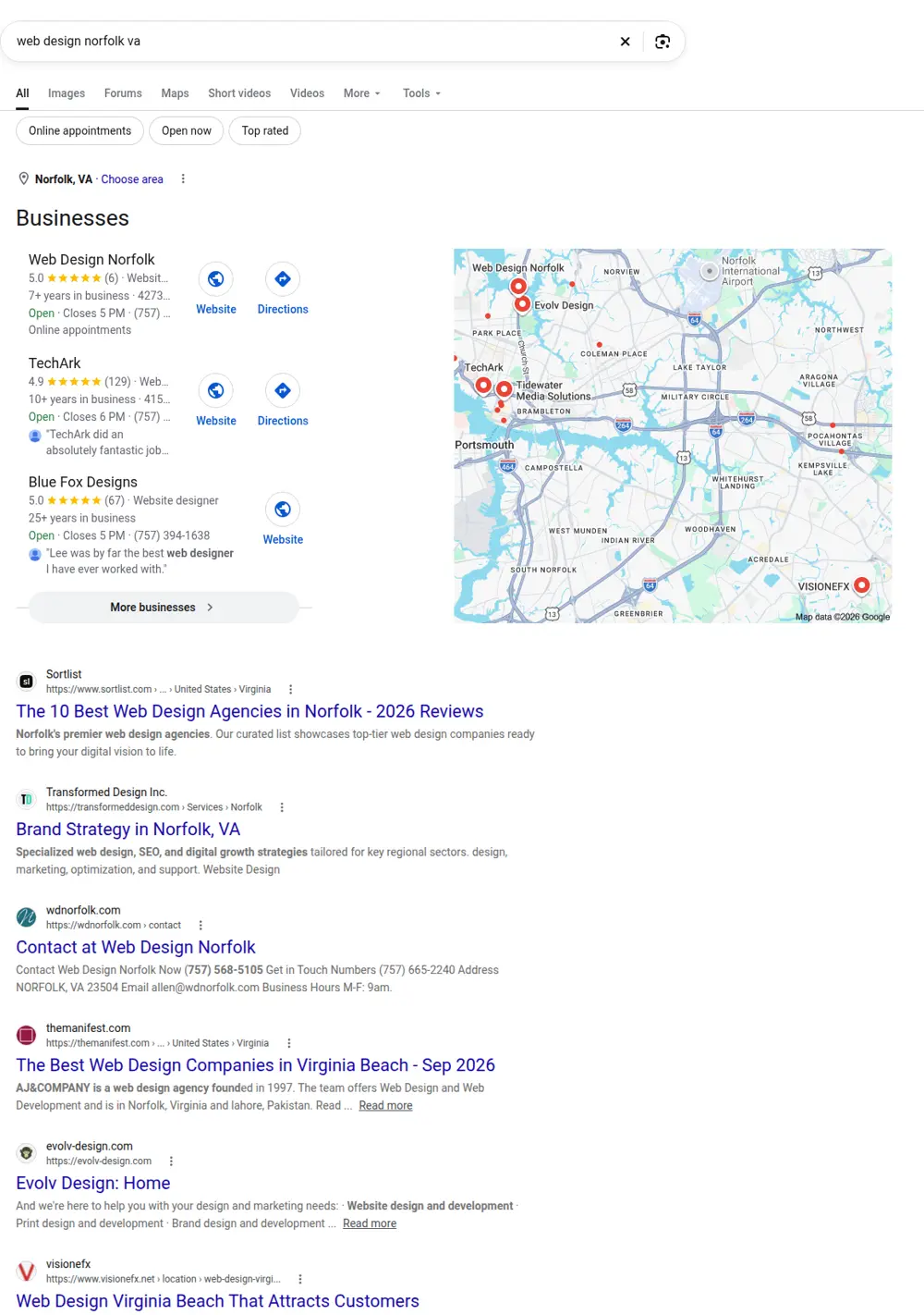 Top Google results for web design norfolk va, searched from Norfolk, Virginia
