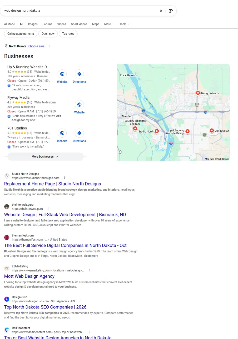 Top Google results for web design north dakota, searched from North Dakota