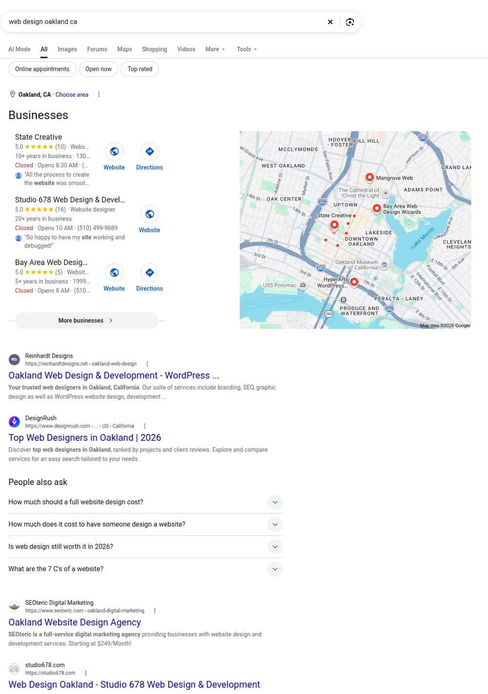 Top Google results for web design oakland ca, searched from Oakland, California