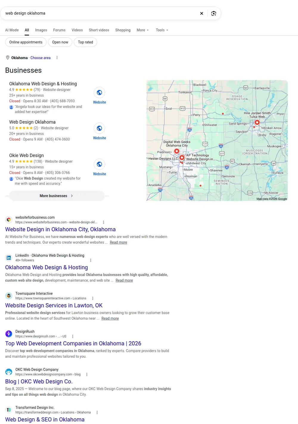 Top Google results for web design oklahoma, searched from Oklahoma
