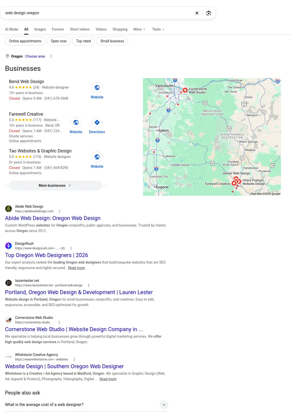 Top Google results for web design oregon, searched from Oregon