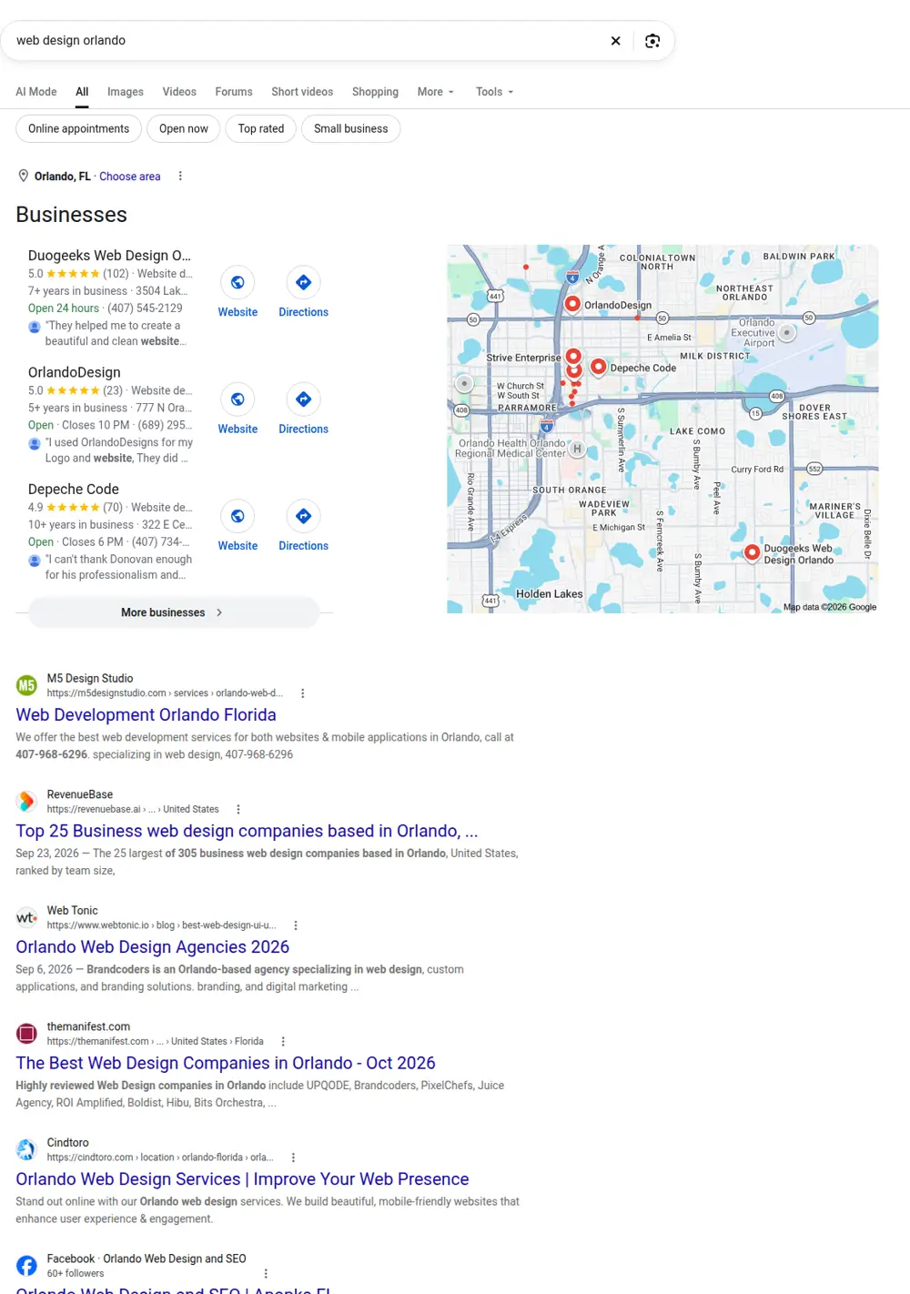 Top Google results for web design orlando, searched from Orlando, Florida