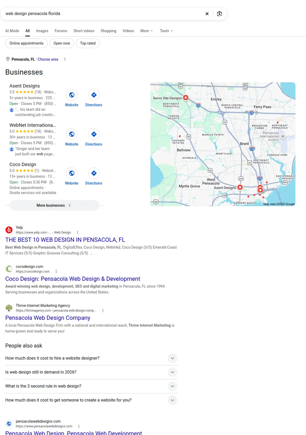 Top Google results for web design pensacola florida, searched from Pensacola, Florida