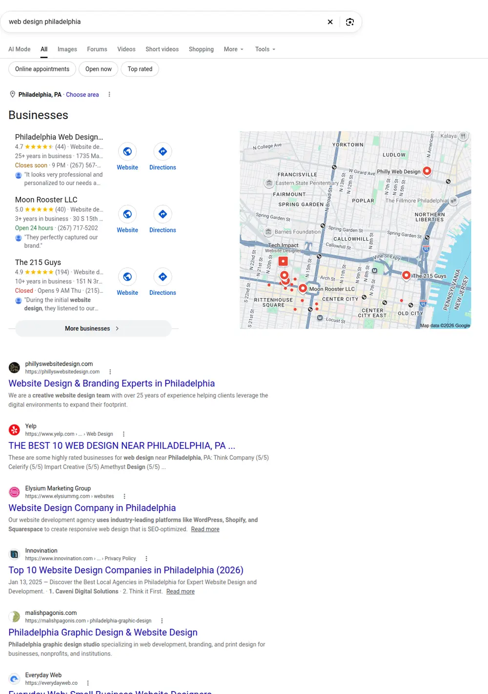 Top Google results for web design philadelphia, searched from Philadelphia, Pennsylvania
