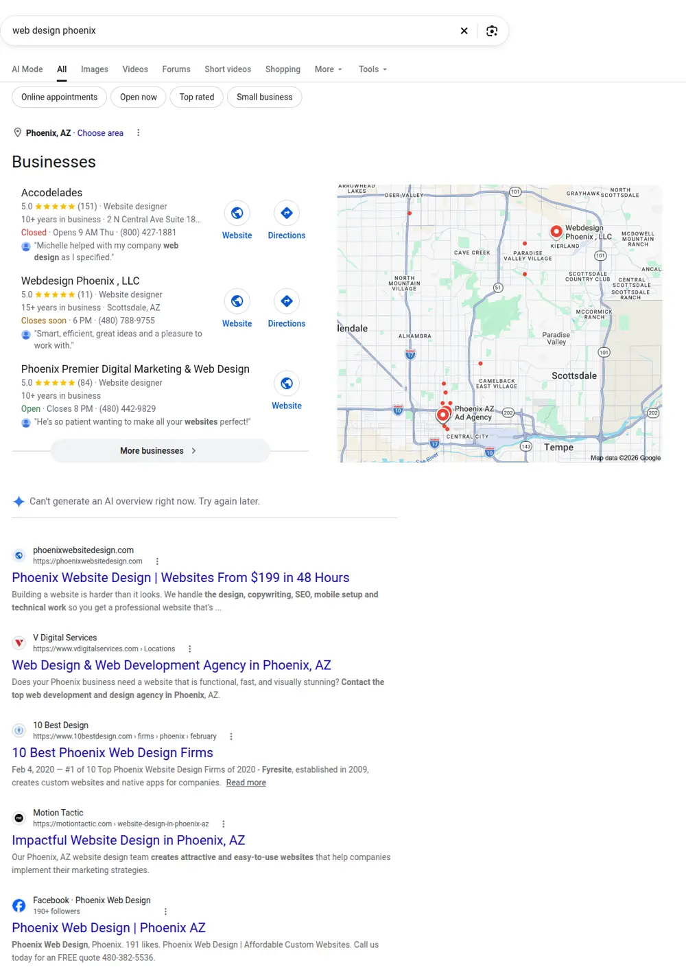 Top Google results for web design phoenix, searched from Phoenix, Arizona
