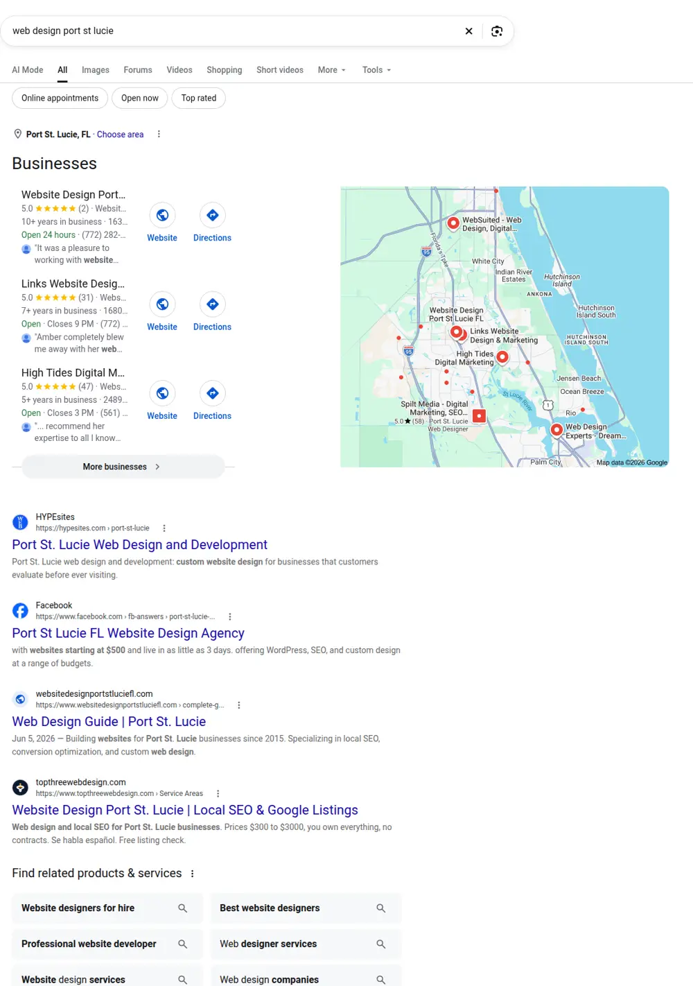 Top Google results for web design port st lucie, searched from Port St. Lucie, Florida