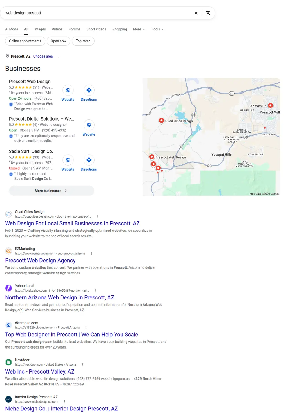 Top Google results for web design prescott, searched from Prescott, Arizona