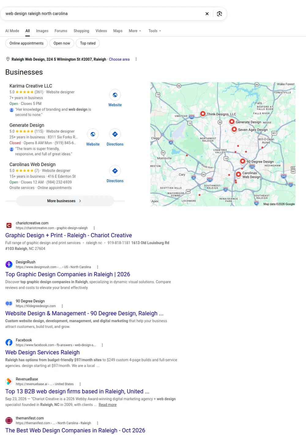 Top Google results for web design raleigh north carolina, searched from Raleigh, North Carolina
