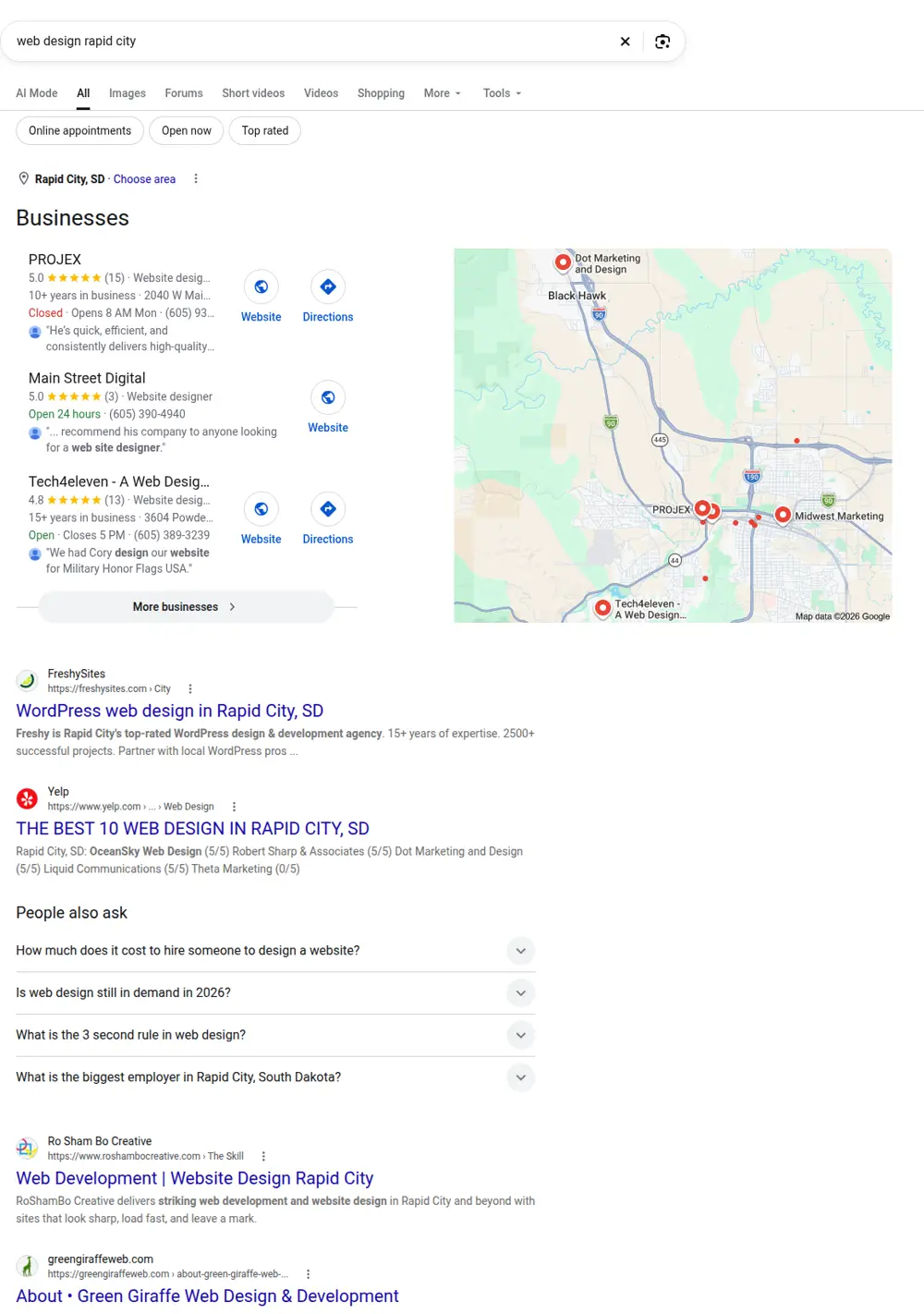 Top Google results for web design rapid city, searched from Rapid City, South Dakota