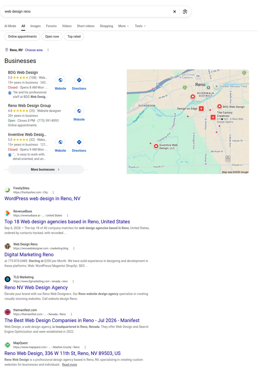 Top Google results for web design reno, searched from Reno, Nevada