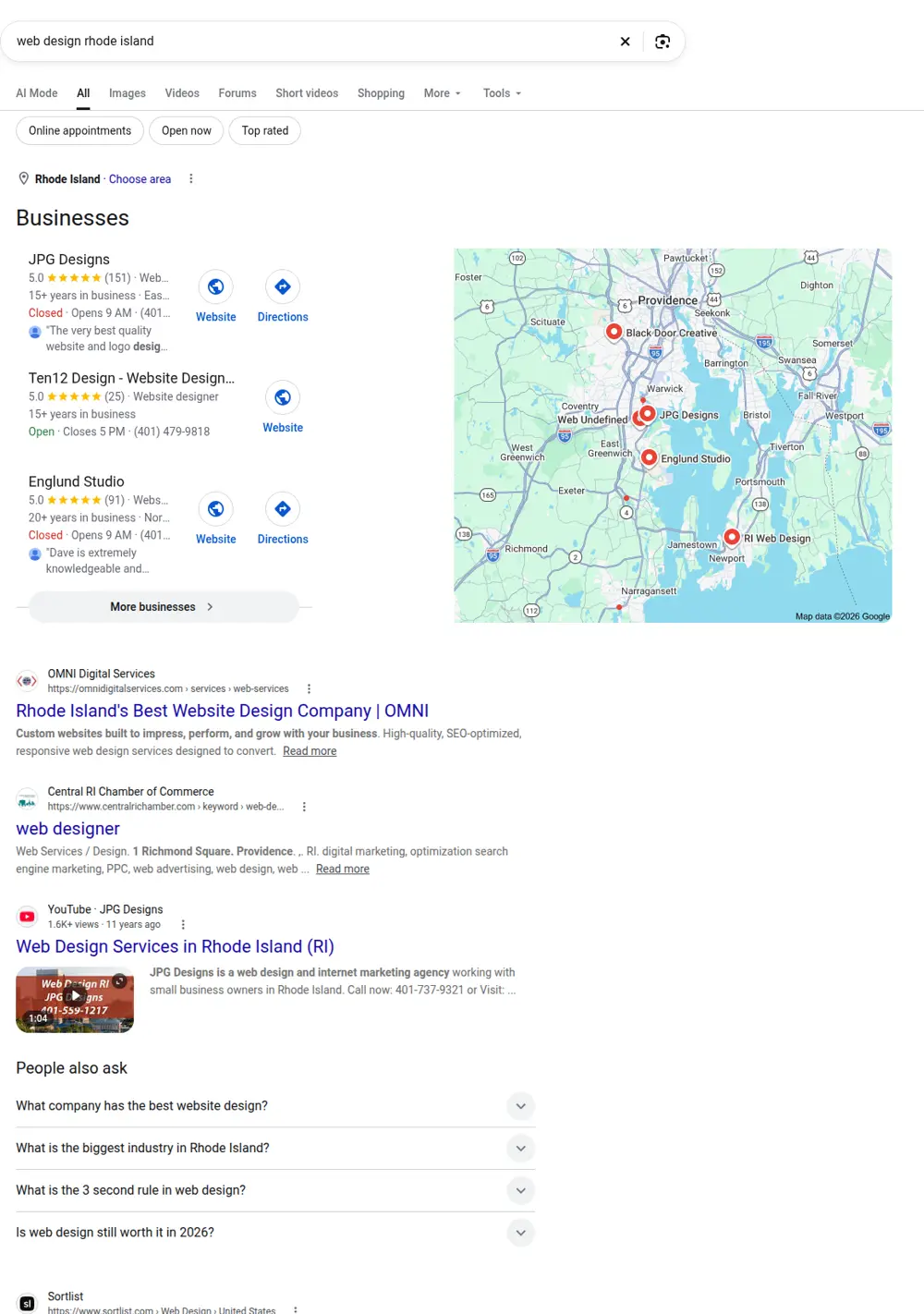 Top Google results for web design rhode island, searched from Rhode Island