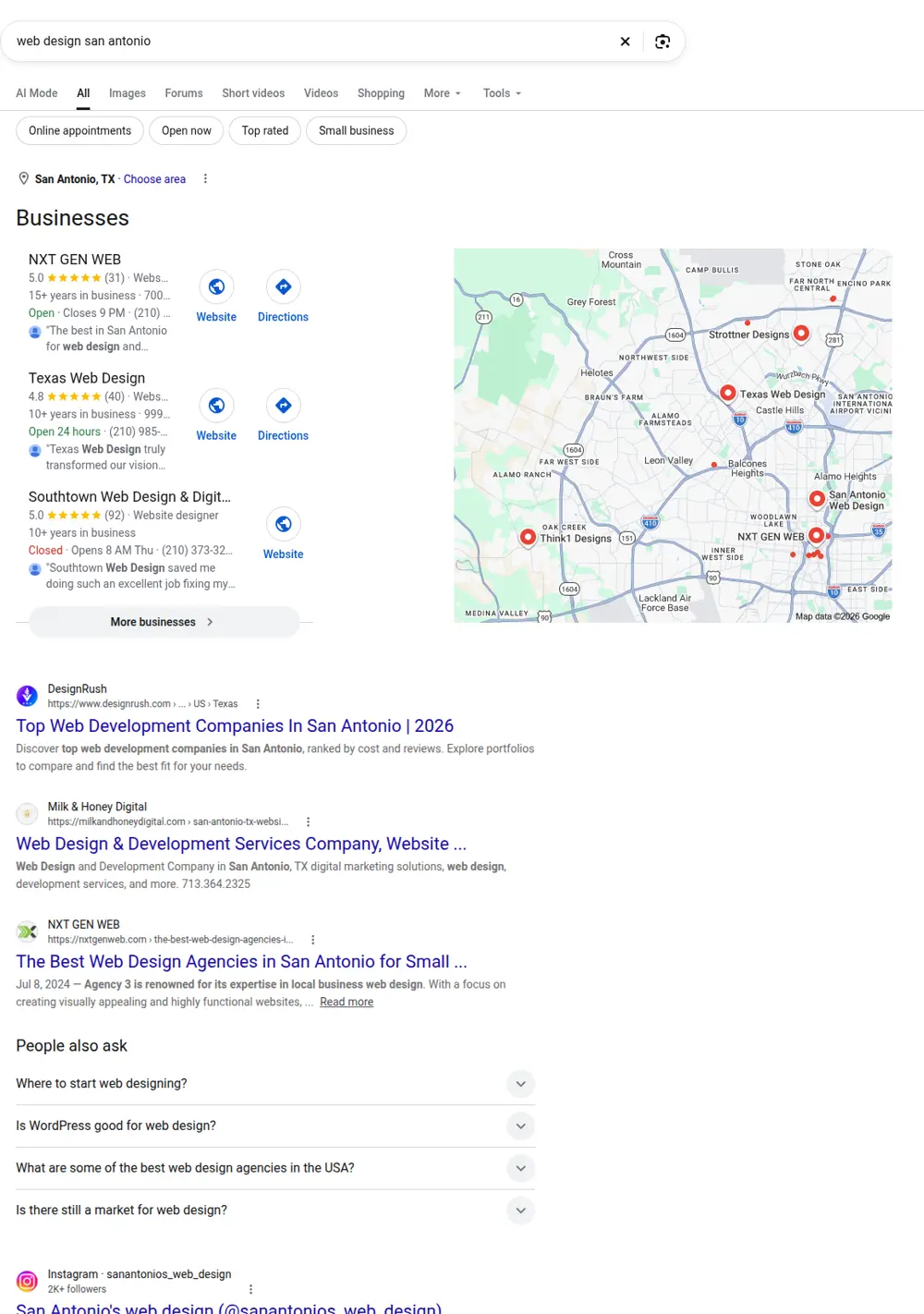 Top Google results for web design san antonio, searched from San Antonio, Texas