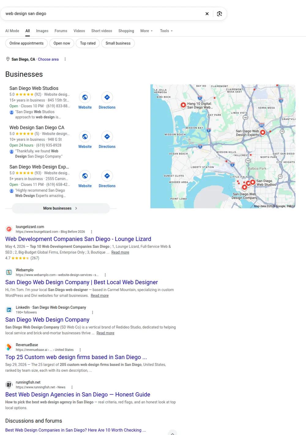 Top Google results for web design san diego, searched from San Diego, California